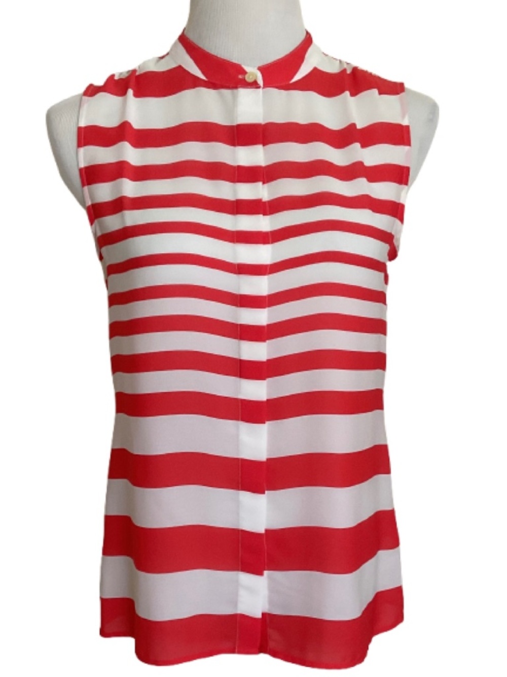 Banana Republic Orange and White Striped Sleeveless Mandarin Collar Top Small
